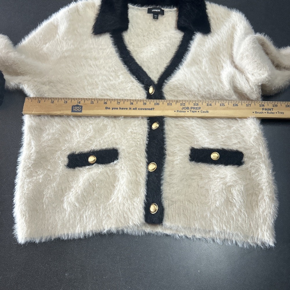 Express Tipped Faux Fur Novelty 4 Button  Cardigan Cream Black Trim Sz M - Picture 4 of 8